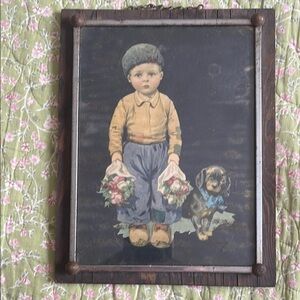 Vintage Framed Holland Boy and Dog Art Print On Wooden Frame